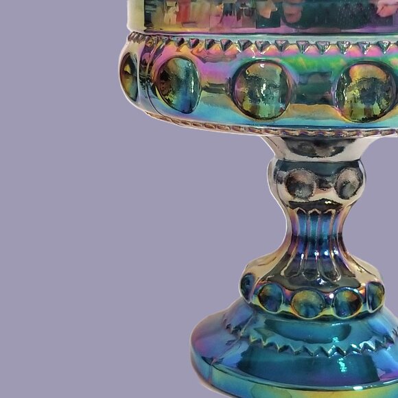 Iridescent Blue Carnival Glass Compote Dish by Indiana Kings Crown Thumbprint - Picture 5 of 11